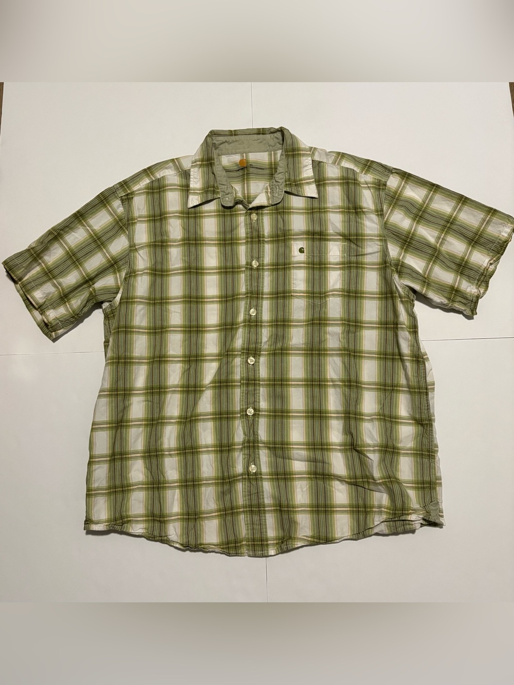 Carhartt Plaid Short Sleeve Button Up Shirt Men’s XL Green White Cotton